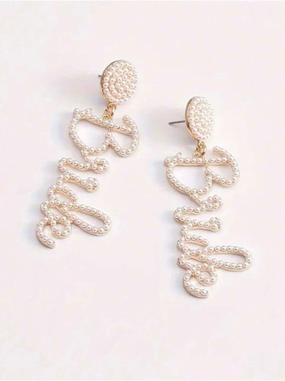 Pearl-Embellished Script Drop Earrings - Cream
